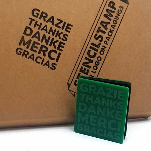 Stencilstamp GRAZIE MERCI DANKE THANKS GRAZIAS - SET Icone packaging Standard